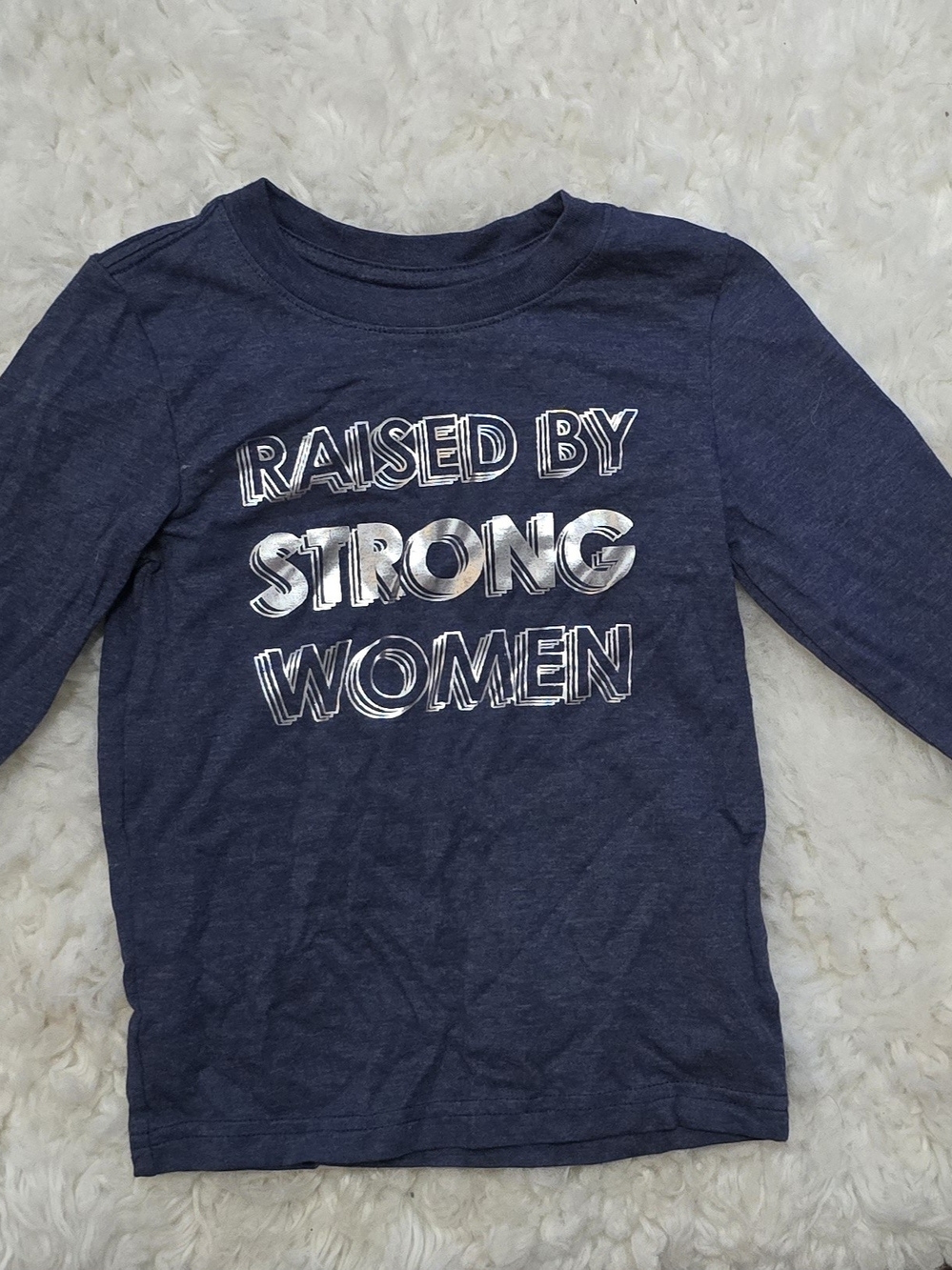 Navy Long-Sleeve Tee with Metallic Silver Slogan